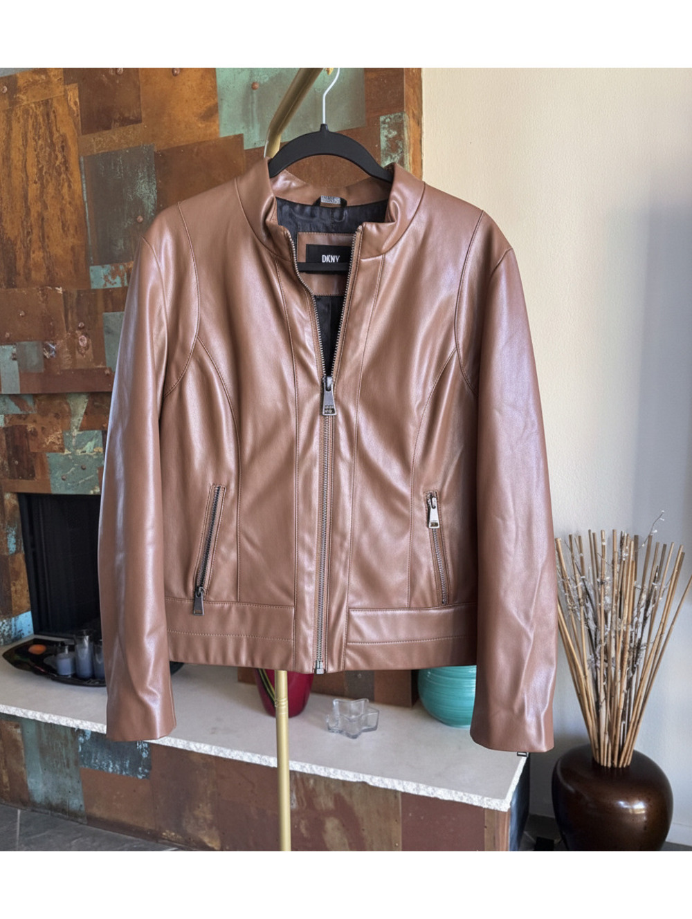 DKNY Camel Faux Leather Café Racer Bomber Jacket L